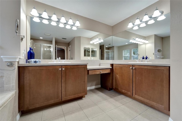 full bathroom with two vanities, tile patterned flooring, a sink, and a shower stall