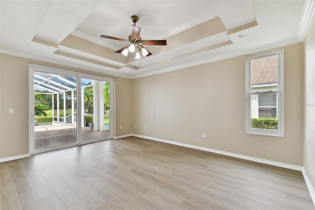 unfurnished room with light wood-style floors, plenty of natural light, and a tray ceiling