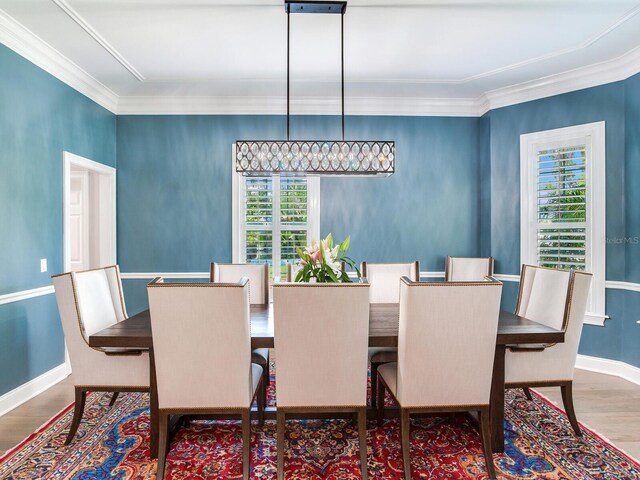 dining room with ornamental molding and hardwood / wood-style flooring