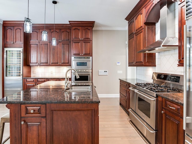 kitchen featuring light wood-type flooring, appliances with stainless steel finishes, sink, decorative backsplash, and wall chimney exhaust hood