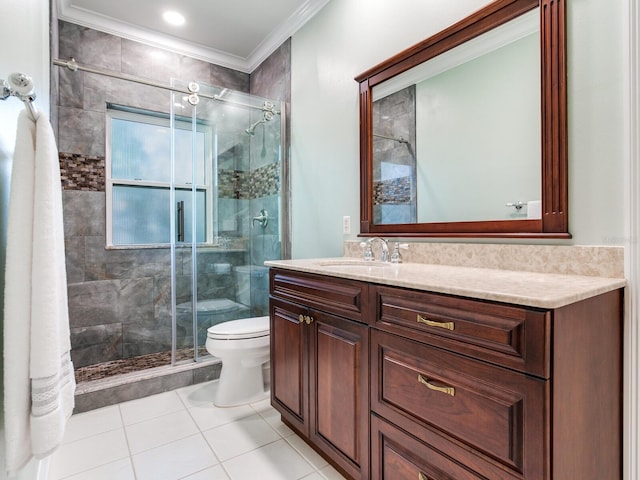 bathroom featuring crown molding, toilet, tile patterned floors, vanity, and a shower with shower door