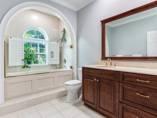 full bathroom with toilet, tile patterned flooring, enclosed tub / shower combo, ornamental molding, and vanity