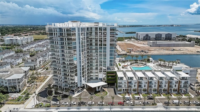 bird's eye view with a view of city and a water view