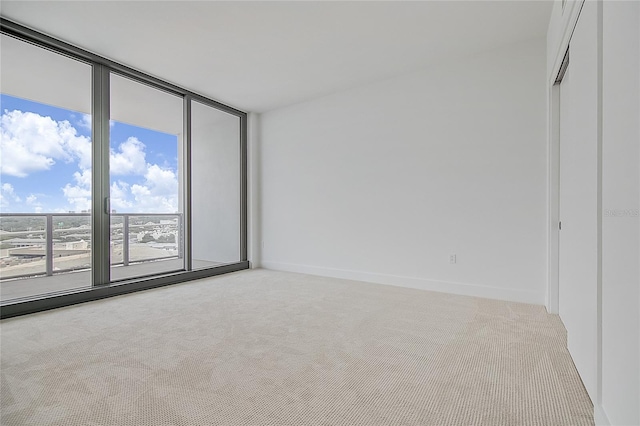 empty room with floor to ceiling windows, light carpet, and baseboards