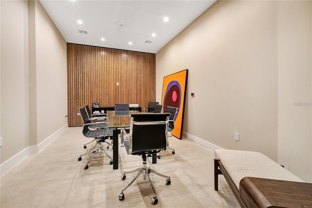 office space featuring recessed lighting, visible vents, and baseboards