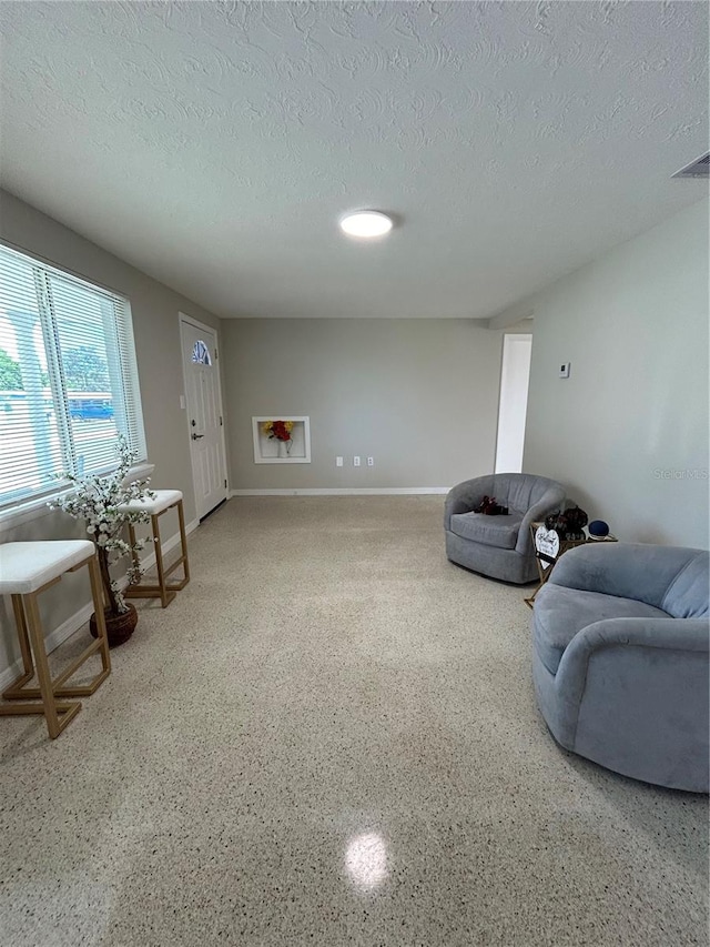 living room featuring a textured ceiling