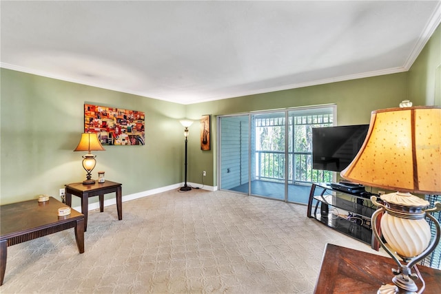 carpeted living room with crown molding