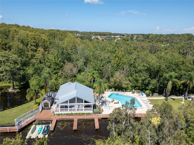 drone / aerial view with a water view