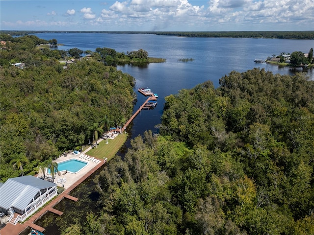 birds eye view of property featuring a water view