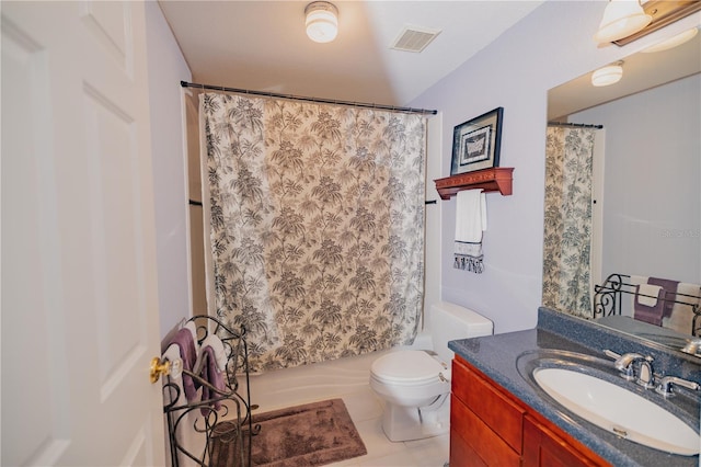 full bathroom featuring shower / bathtub combination with curtain, toilet, vanity, and tile patterned floors