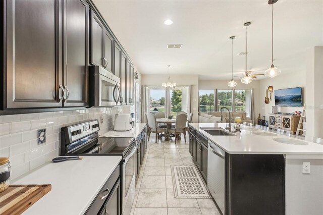 kitchen with pendant lighting, sink, an island with sink, backsplash, and appliances with stainless steel finishes