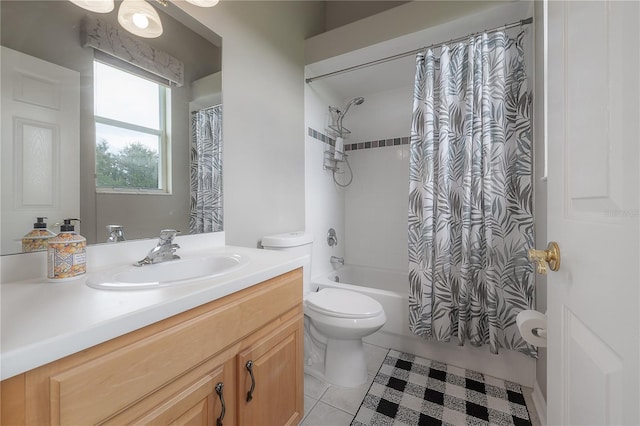 full bath with toilet, shower / bath combo with shower curtain, tile patterned flooring, and vanity