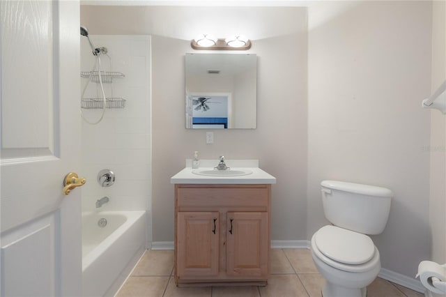 full bathroom featuring tiled shower / bath combo, tile patterned floors, toilet, and vanity