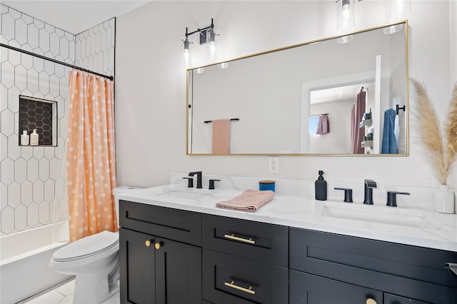 bathroom featuring double vanity, a sink, toilet, and shower / bathtub combination with curtain