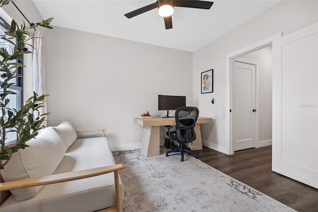 office with dark wood-style floors, baseboards, and a ceiling fan