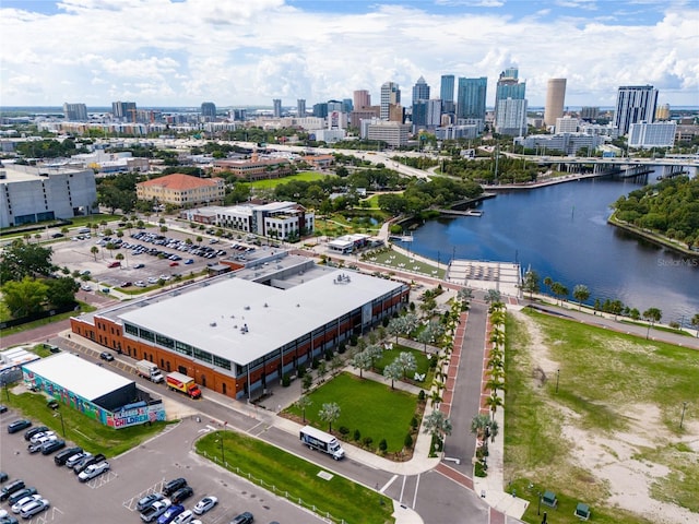 bird's eye view featuring a view of city and a water view