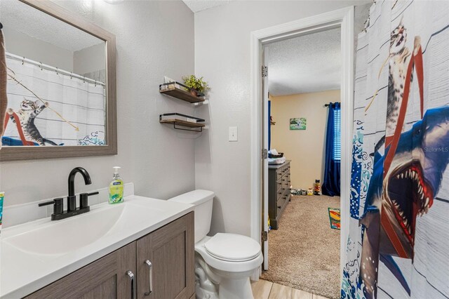 bathroom featuring toilet, a textured ceiling, and vanity