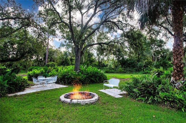 view of yard featuring a patio and a fire pit