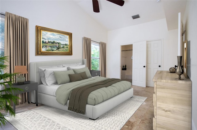 bedroom with ceiling fan, high vaulted ceiling, ensuite bath, and visible vents