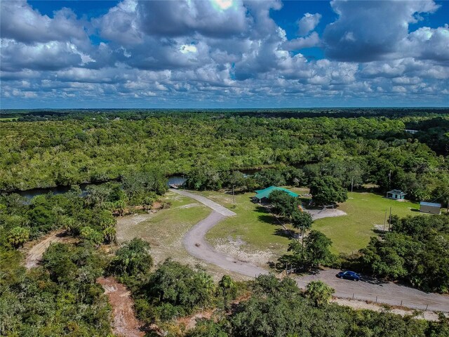 bird's eye view with a wooded view