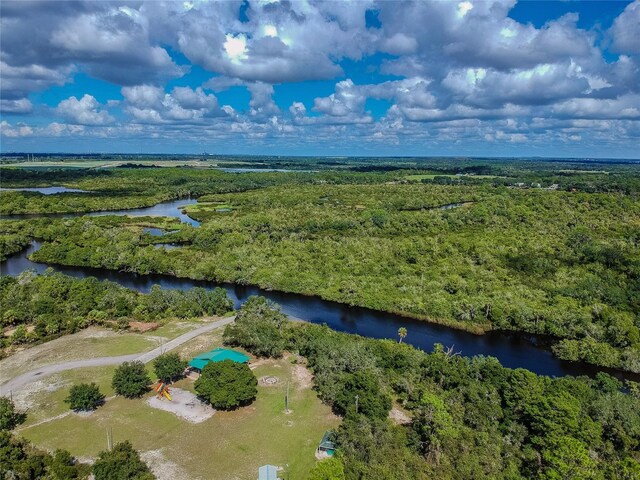 drone / aerial view with a water view and a wooded view