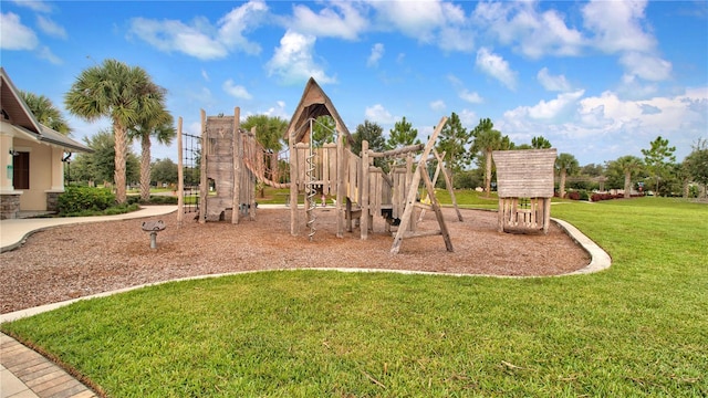 view of play area featuring a lawn