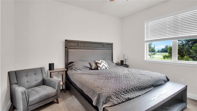 bedroom with baseboards and light colored carpet