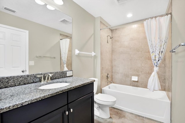 full bathroom with tile patterned floors, vanity, shower / bathtub combination with curtain, and toilet