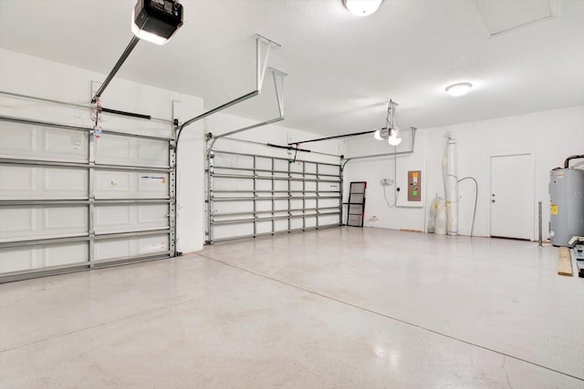 garage with water heater, a garage door opener, and electric panel