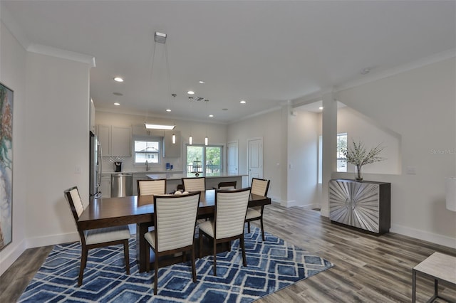 dining space with sink, dark wood-type flooring, and crown molding