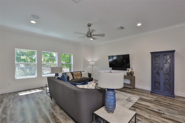 living room featuring ceiling fan, hardwood / wood-style flooring, and ornamental molding