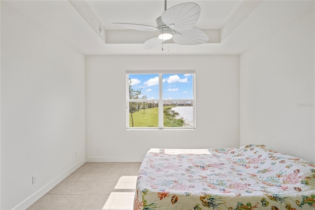 bedroom featuring ceiling fan and light tile patterned flooring