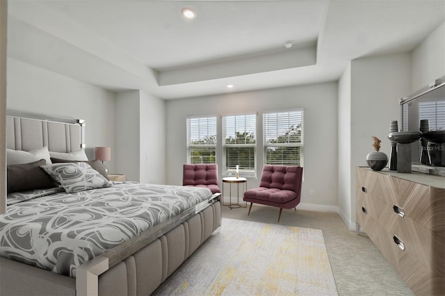 carpeted bedroom featuring a raised ceiling