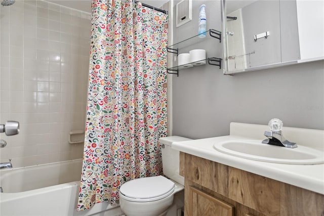 full bathroom with vanity, shower / bathtub combination with curtain, and toilet