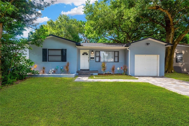 ranch-style house with a garage, a front yard, driveway, and stucco siding