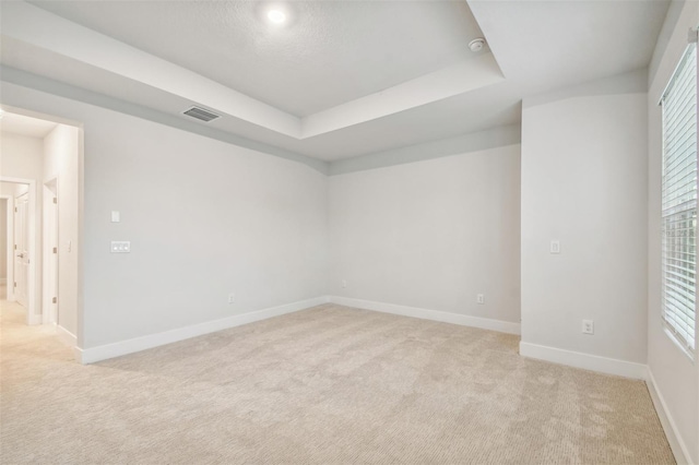 carpeted empty room with a tray ceiling