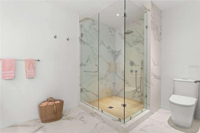 bathroom with a shower with door, toilet, and tile patterned floors