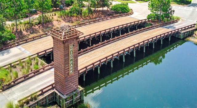 aerial view featuring a water view