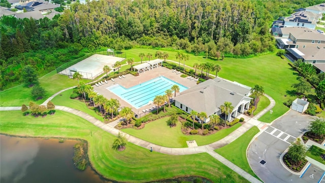 drone / aerial view with a water view