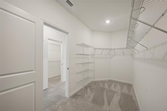 spacious closet featuring light colored carpet