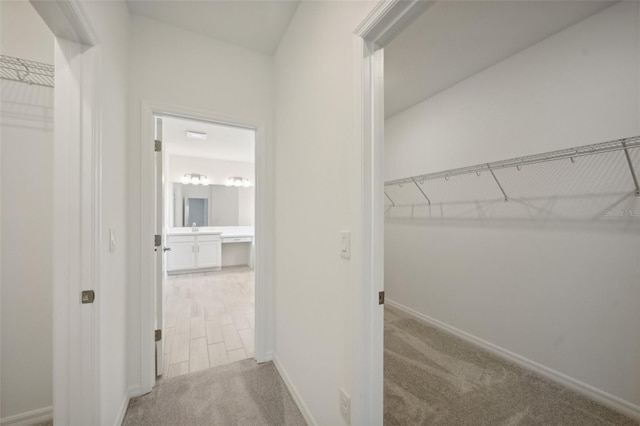 walk in closet with carpet flooring and sink