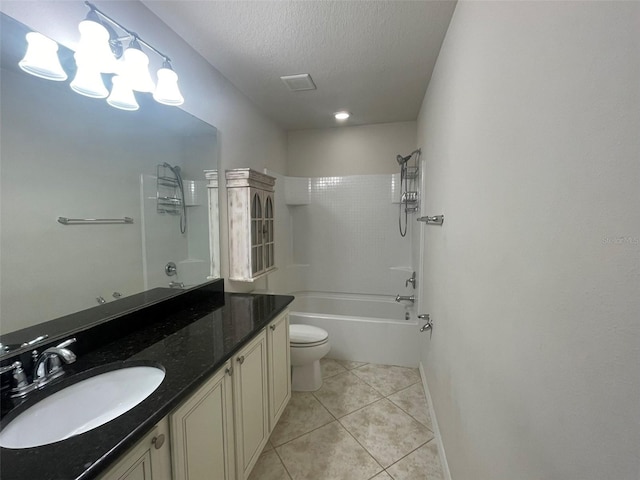 full bathroom featuring toilet, shower / washtub combination, a textured ceiling, tile patterned floors, and vanity