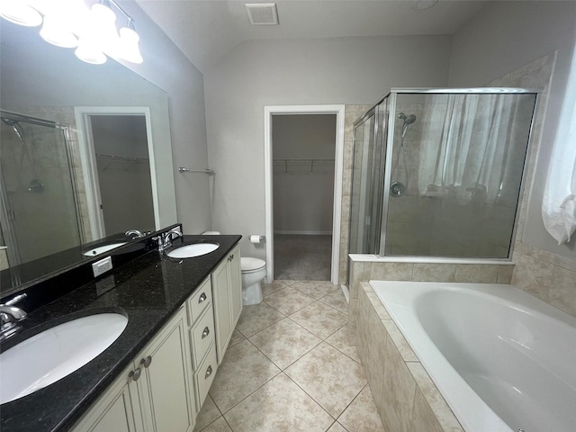 full bathroom with tile patterned floors, vanity, plus walk in shower, and lofted ceiling