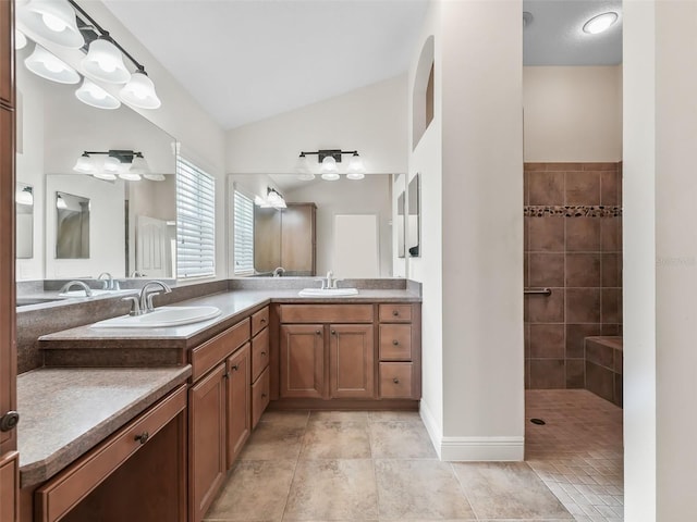 bathroom featuring vaulted ceiling, vanity, and a walk in shower