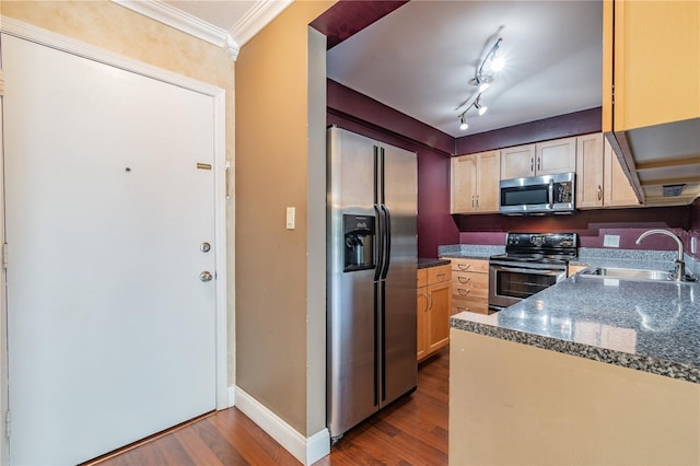 kitchen with a sink, dark wood-type flooring, ornamental molding, and stainless steel appliances