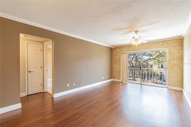 unfurnished room with a textured ceiling, ceiling fan, ornamental molding, and wood-type flooring