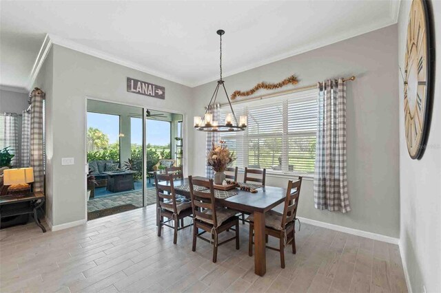 dining area with crown molding, hardwood / wood-style floors, a healthy amount of sunlight, and an inviting chandelier