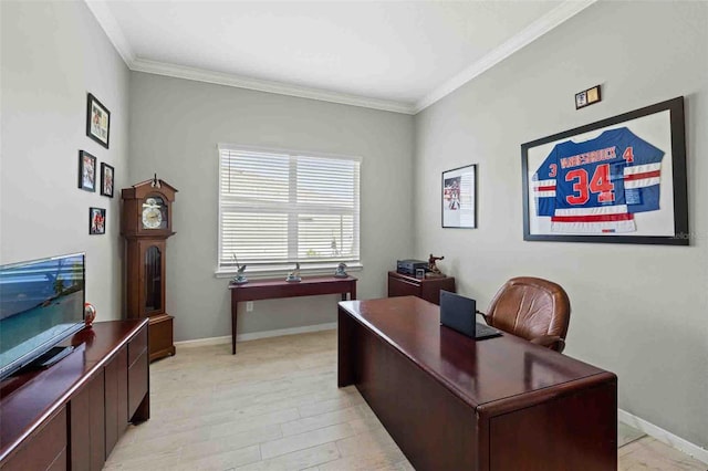 office space with light hardwood / wood-style flooring and ornamental molding