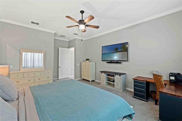 carpeted bedroom with crown molding and ceiling fan