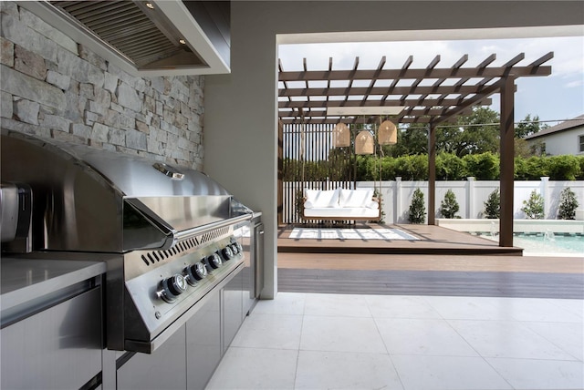 view of patio featuring a fenced in pool, a grill, fence, a deck, and a pergola